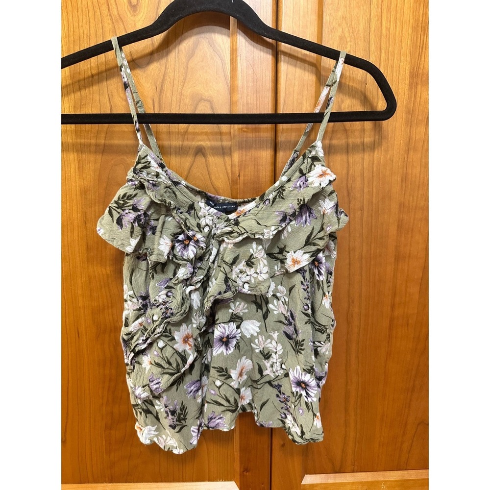 American Eagle Outfitters Floral Ruffle Camisole Olive Green Viscose Top Small